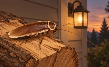 Illustration: accurate close-up of a brown wood cockroach with pale edges on its shield and wings, on a split log of firewood next to a porch light at dusk.