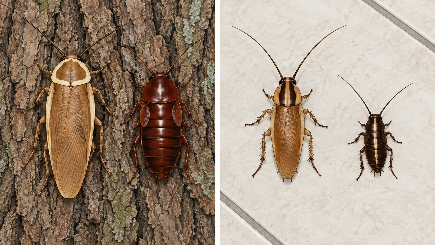 Two panels drawn to the same scale: an adult male and female wood roach on tree bark, and an adult German cockroach with a nymph on a kitchen tile floor