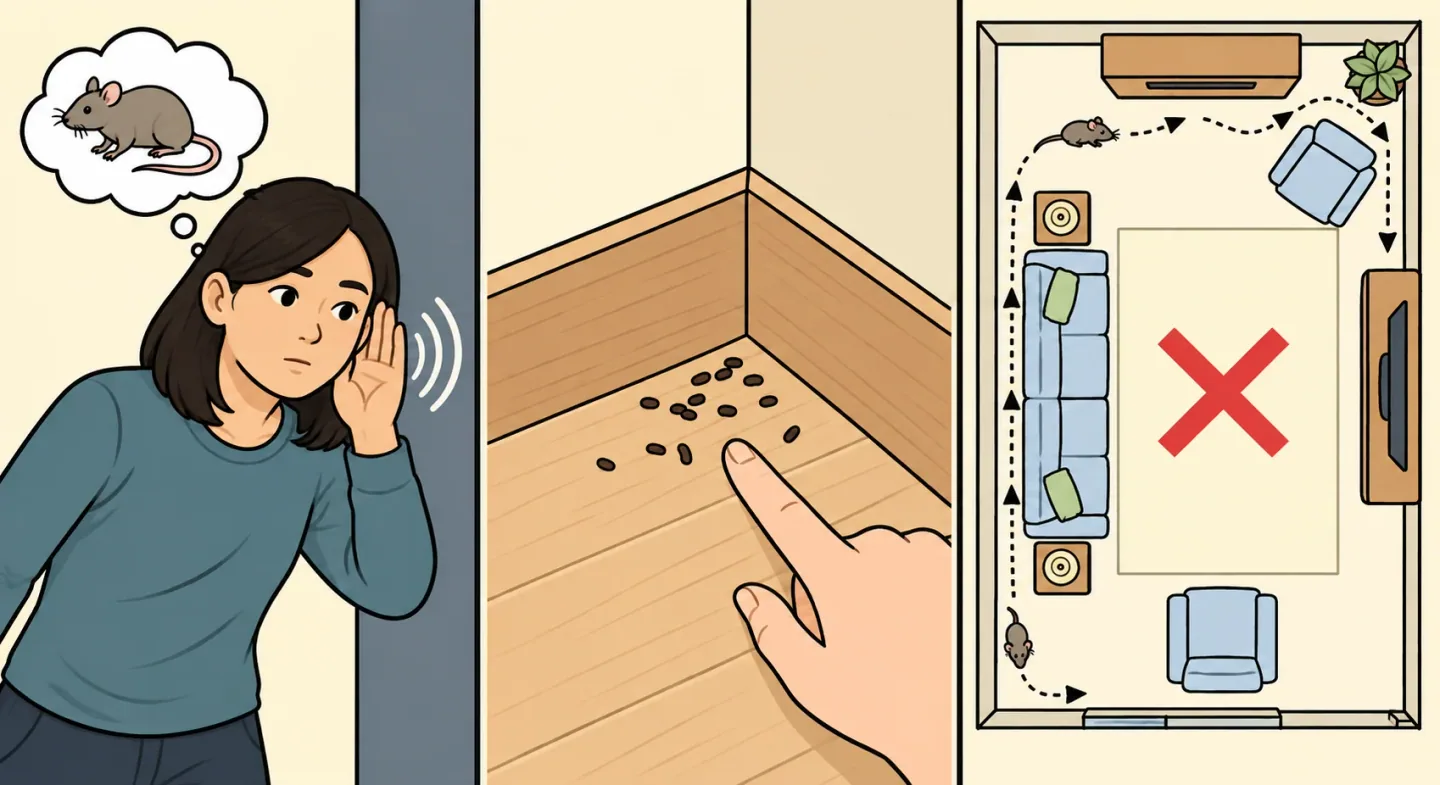 Illustration of sounds, droppings and possible rodent travel routes near the edges of a room