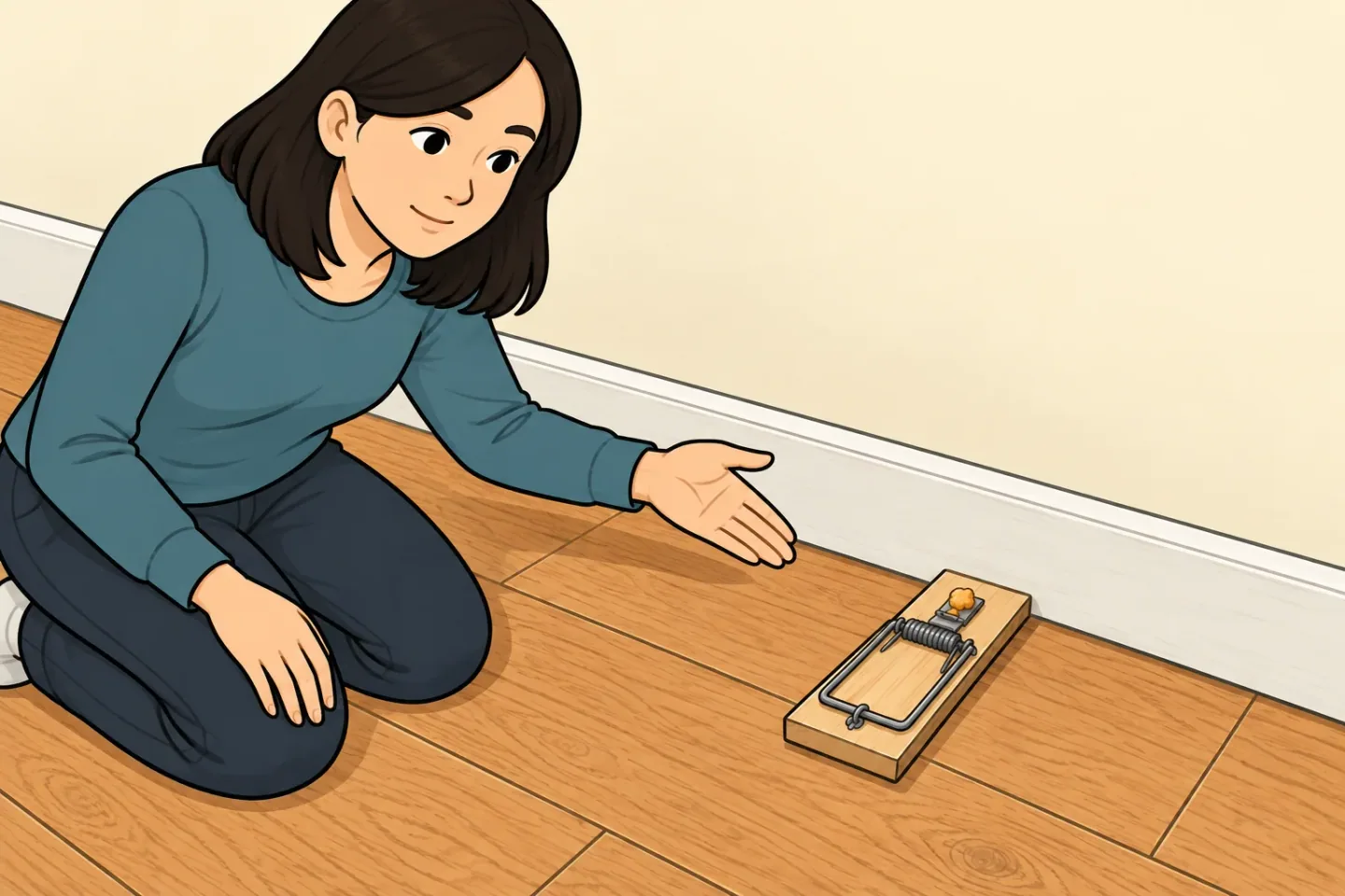 A woman gestures toward a wooden snap trap placed perpendicular to a baseboard, with its baited end beside the wall.